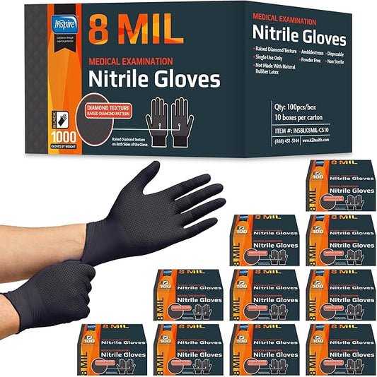 Inspire HEAVY DUTY ORIGINAL Stretch Nitrile Black Gloves Disposable Latex Free | Food, Mechanic, 6mil Black or 8 Mil Orange