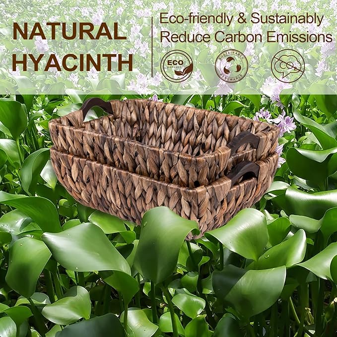 FairyHaus Wicker Storage Basket with Wood Handles, 2Pack Brown Wicker Basket for Organizing, Hand Woven Dark Brown Water Hyacinth Baskets for Storage 14.96x10.04x4.73"