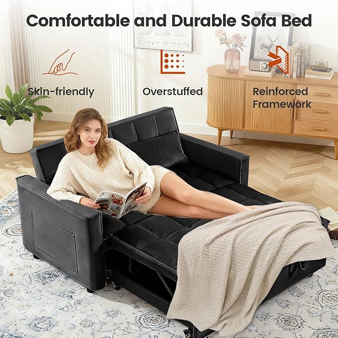 3 in 1 Convertible Sofa Bed, Love Seat Sleeper Bed with Side Pockets, Velvet Fabric Pull Out Couch with Adjustable Backrest for Living Room, Bedroom, Apartment, Black
