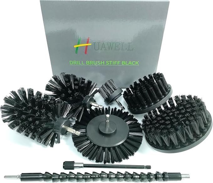 HUAWELL 8 Piece Black Drill Brush Ultra Stiff Cleaning Brush with Extend Attachment Set- All Purpose for Bathroom Surfaces, Grout, Smokers, Grills, Floor, Tile and Hard Water(Black)
