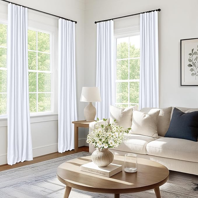 INOVADAY 100% Blackout Curtains for Bedroom, Black Out Curtains 96 Inch Long, Clip Rings Linen Blackout Drapes, Thermal Insulated Room Darkening for Living Room, 2 Panels - Brightwhite,W50xL96