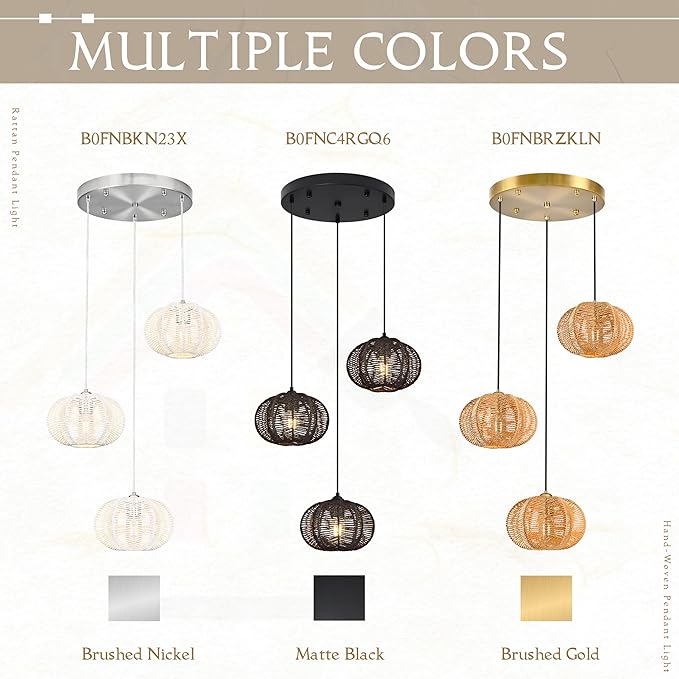 12" Boho Natural 3-Light Boho Chandeliers for Kitchen Island Hand-Woven Boho Rattan Chandeliers Dimmable Adjustable Hanging Chandelier for Dining Room Living Room Hallyway（Bulb Incl.