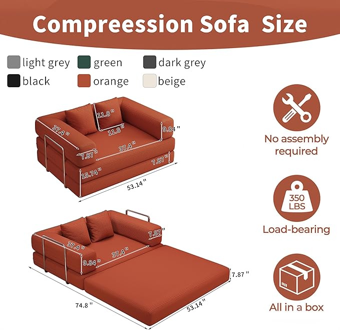 Folding Sofa Bed, 4 in 1 Convertible Sofas to Lounger Comfy Single Bean Bag Chair Floor Portable Foldable Sleeper Lazy Futon Couch Chair for Bedroom, Living Room (Orange, 53.15" Double Sofa)