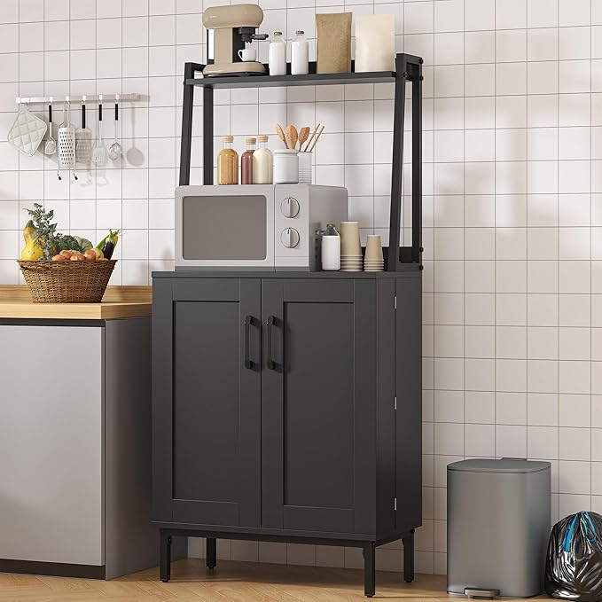 51” Pantry Cabinets with Microwave Shelves, Small Kitchen Pantry Storage Cabinet with Adjustable Shelves, Freestanding Buffet Cupboards Sideboard for Kitchen, Dining Room, Living Room Use (Black)