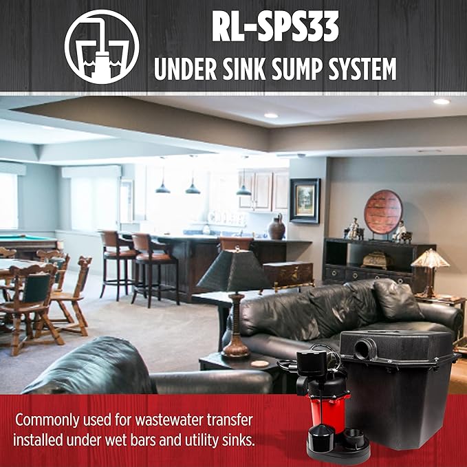 Red Lion RL-SPS33 1/3 HP, 115-Volt, 3200 GPH Under-Sink Sump Pump System with 6 Gallon Basin, Red/Black, 14942736