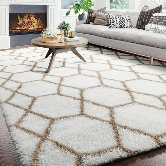 ONASAR Large Area Rugs for Living Room, 7x10 White and Beige Bedroom Rug, Geometric Boho Soft Plush Shaggy Fuzzy Floor Carpet Mat for Nursery Kids Girls Boys Teen Dorm Home Decor