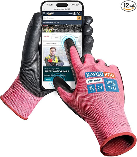 KAYGO Work Gloves PU Coated for Men and Women, 12 Pairs Safety Work Gloves with Two Fingers Touchscreen, Breathable and Lightweight,Ideal for Light Warehouse, Manufacturing, Gardening, KG11P (S,Pink)