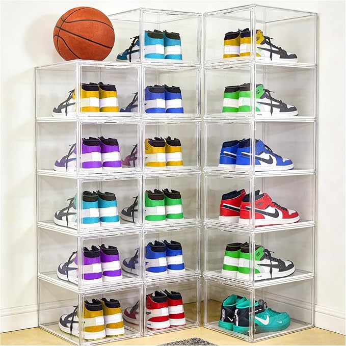 1 Pack Drop Front Clear Shoe Boxes Fit Size 13, Acrylic Shoe Organizer Stackable with Front Magnetic Door for Closet, Entryway, Underbed, Multiple Clear Display Cases for Hats, Figures, Sneakers