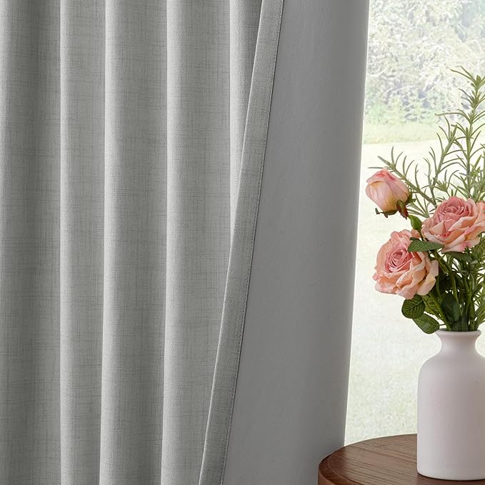 INOVADAY 100% Blackout Curtains for Bedroom, Black Out Curtains 90 Inch Long, Clip Rings Linen Blackout Drapes, Thermal Insulated Room Darkening for Living Room, 2 Panels - Dove Grey,W50xL90