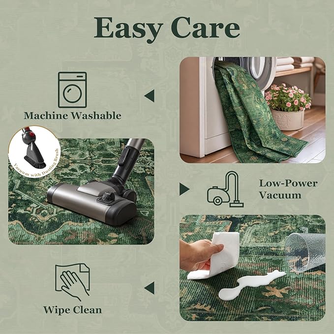Dark Green 7x10 Living Room Rug, Vintafe Distressed Medallion Area Rug for Bedroom Dining Room, Washable Non Slip Thin Carpet Rugs for Bedroom Under Bed Home Office