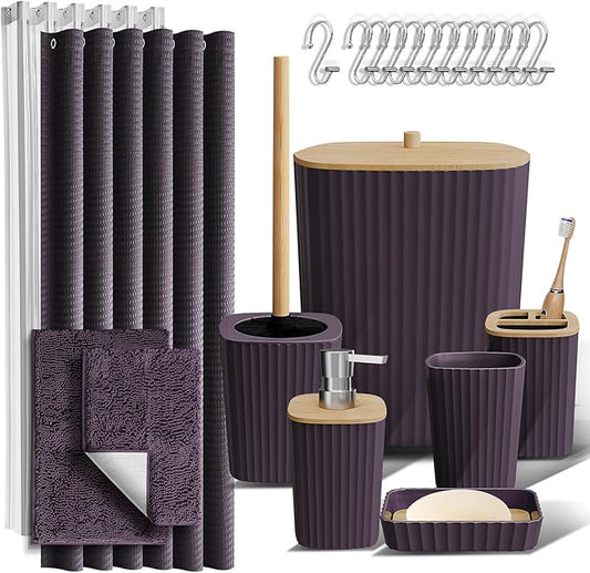 Clara Clark Bathroom Accessories Set - Bathroom Set, Bathroom Sets with Shower Curtain and Rugs, Shower Curtain Set with Trash Can - Purple - 22PC