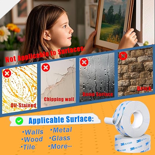 Heavy Duty Double Sided Tape, Made of 3M - Removable & No Damage, Waterproof, 1.18in x 19.68ft 2 Rolls, Ideal for Home & Auto