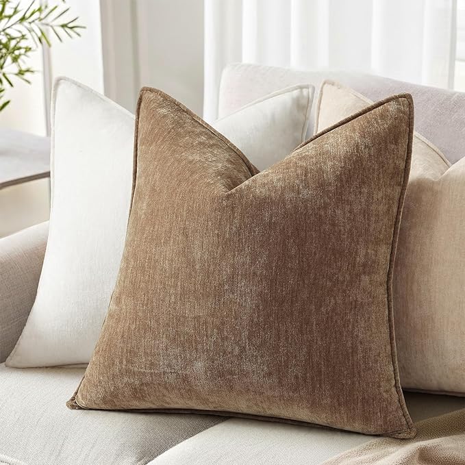 decorUhome Spring Couch Euro Sham Throw Pillow Covers 24x24 Set of 2, Decorative Soft Velvet Modern Cozy Chenille Pillow Cases with Elegant Design for Sofa Bed Living Room Home Decor, Brown
