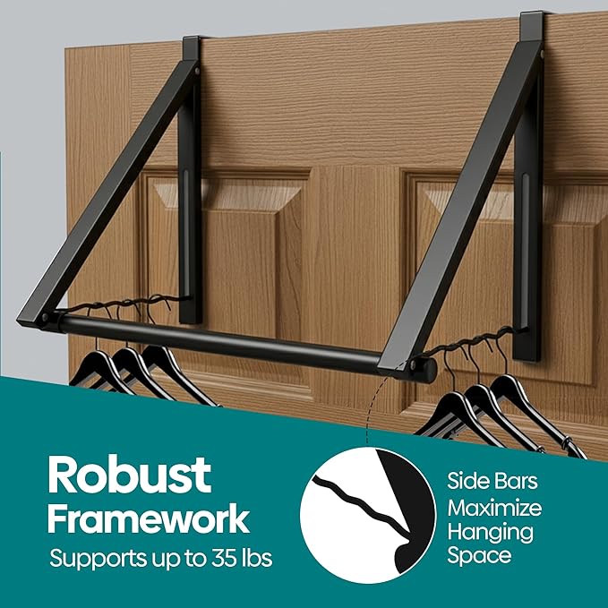 HOLDN’ STORAGE Over The Door Hanger - Foldable Rack Organizer for Hanging Clothes, Coats & Towels, Ideal for Dorm Rooms, Laundry, Bathrooms, Etc - Holds up to 35 LBs, Collapsible - Black (2 Pack)