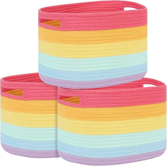Woven Baskets for Storage 3 Pack Storage Baskets for Organizing, Rectangle Decorative Rope Baskets for Storage Clothes, Towels, Storage Bins with Handles (Rainbow, 13"x9.8"x8.5")