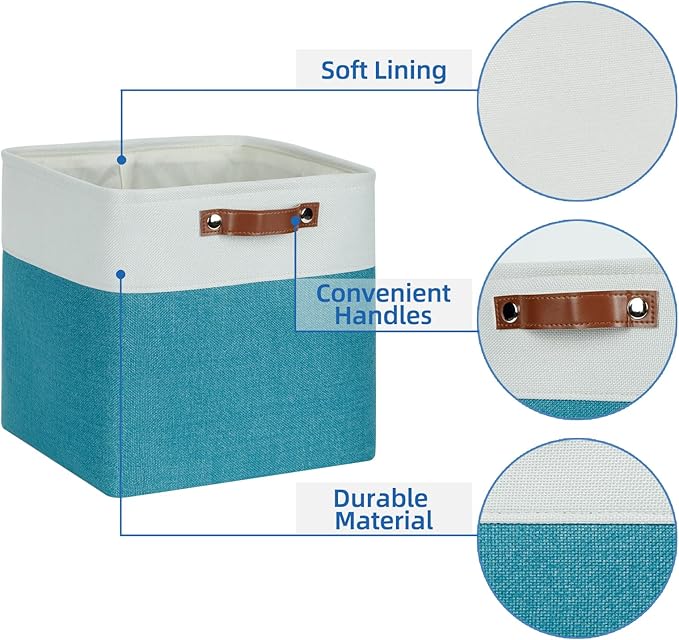Temary Baskets Storage 12 Inch Fabric Storage Cubes Storage Baskets with Handle, Large Cube Storage Bins for Storage Books, Blankets, Clothes Baskets for Gift (White&Teal)