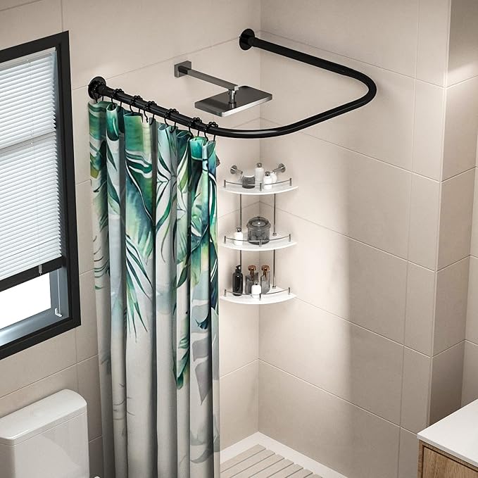 U Shower Curtain Rod Adjustable Stainless Steel U Shaped Rack Drill Free Install for Bathroom, Bathtub, Clothing Store (Black U Shaped, Length on both sides:31.5"-47",Middle width:34.7"-43")