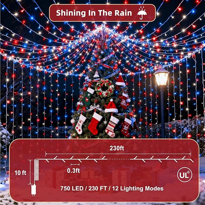 240ft Outdoor Christmas Lights, 750 LED Super Long String Lights 12 Modes & Timer Memory, Dimmable Waterproof Light Strings for Xmas Room Garden Wedding Party Holiday Decorations Red White & Blue