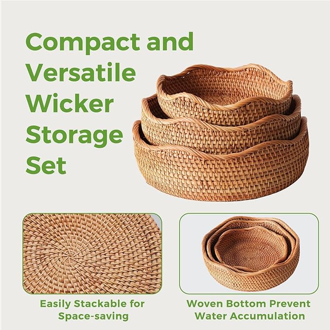 Rattan Bread Baskets Set of 3, Round Woven Serving Basket Bowls, Natural Wicker Storage Basket Key Holders Stackable for Kitchen Counter Organizing, Decorative Baskets for Snack, Fruit, Vegetable