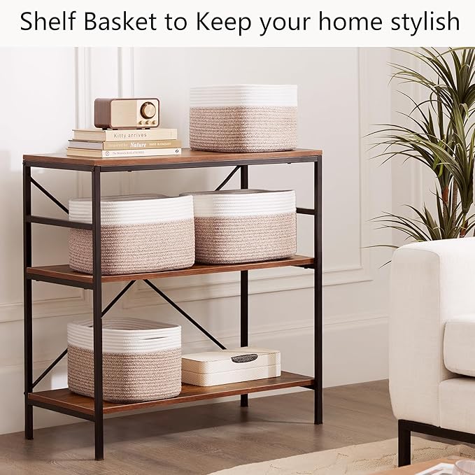 Storage Baskets for Shelves Set of 4 Woven Baskets for Closet Rectangle Toy Bin for Baby Nursery 12.7"Lx9"Wx7.9"H Brown & White