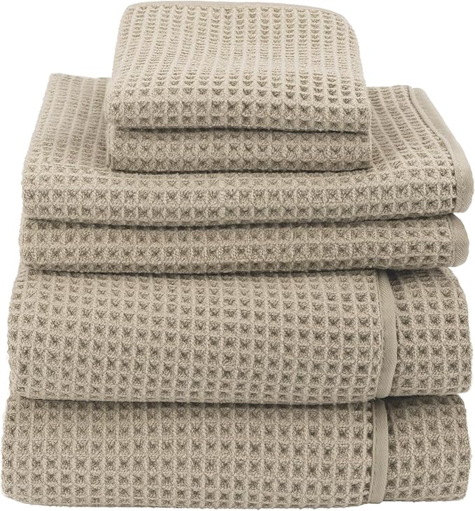 S&T INC. Aura Towel Set, 6 Piece Set, Premium Waffle Weave, Bath Towels, Wash Cloths and Hand Towels for Bathroom, Kitchen, and Home, Absorbent and Fast Drying Microfiber, 420gsm, 6 Pack, Beige