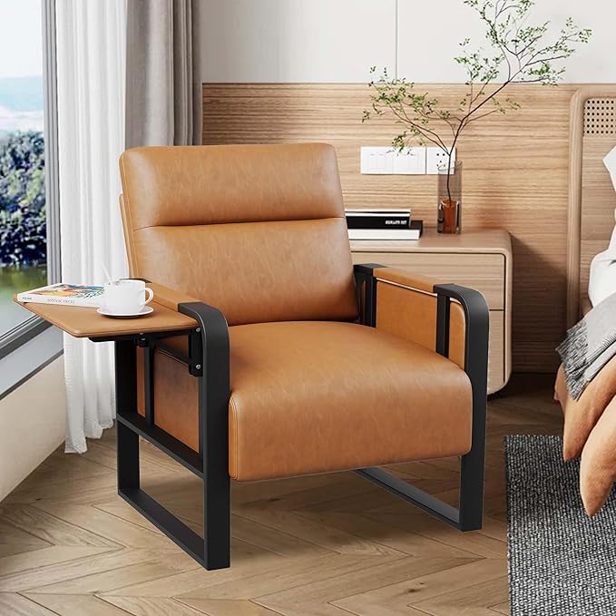 Brown PU Leather Accent Chairs Set of 2 with Side Table Modern Upholstered Armchair Leisure Side Chairs for Living Room Bedroom Office