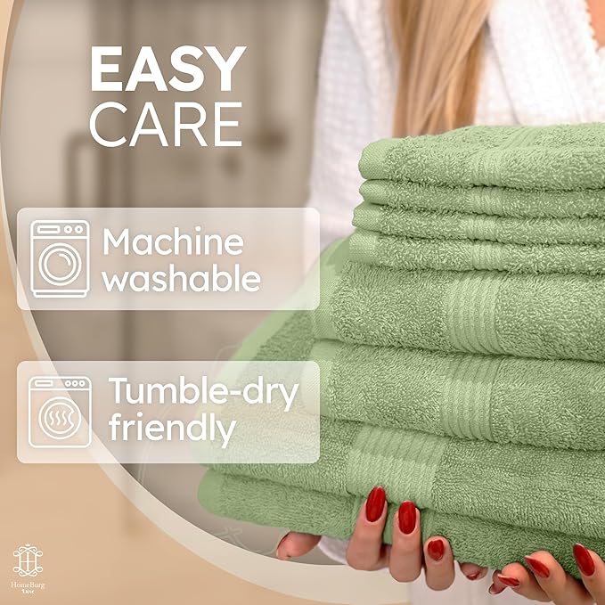 Luxe Set – Washcloths (30 x 30cm), Hand Towels (40 x 70cm) & Bath Towels (65 x 137 cm) – 100% Cotton, Soft, Absorbent, Easy Care, Versatile, (Sage Green)