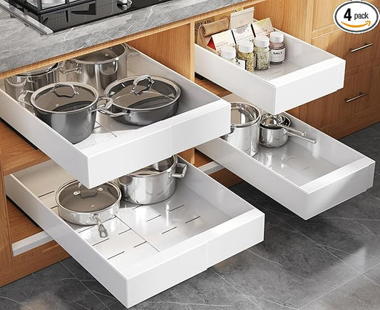 4 Pack Expandable (9"-14") Pull Out Cabinet Organizer 21" Deep With Raising Pad for Framed Cabinets,Upgrade 3 Slide Rails Slide Out Drawers,No Drill Roll Out Shelves Adhesive,White