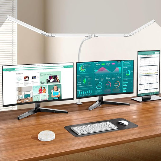 Led Desk Lamp with Clamp: Architect Desk Lamp for Home Office, Eye Caring Double Head Computer Monitor Work Desk Light with Remote Control - 24W Flexible Dimmable Desktop Table Lamp White