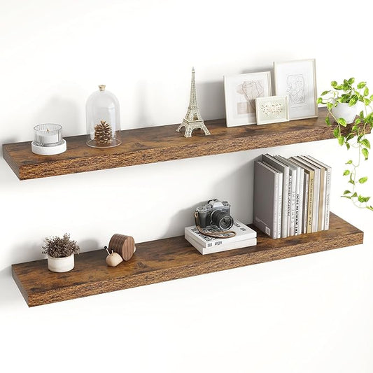 40 Inch Floating Shelves, 8 Inch Deep Floating Shelves for Wall, Hanging Shelf with Invisible Brackets, Deep Shelves for Bathroom, Bedroom, Living Room, Brown, Set of 2