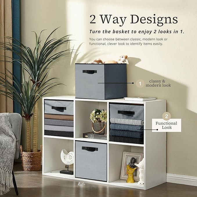 DECOMOMO Kallax Storage Cubes, 13x13x15 Storage Cube Bins with Window, Baskets for Organizing Shelves (Kallax / 4pcs, Grey)