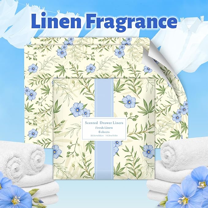 SCENTORINI Scented Drawer Liners for Dresser, 12 Sheets Linen Scent Drawer Paper Liners,14.3x19.5 Inch Scented Paper Sheets for Home Shelf Closet Bedroom Drawers