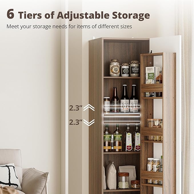 IRONCK 70" Pantry Storage Cabinet, Single Cabinet Pantry, Freestanding Tall Narrow Cupboard with 11 Adjustable Shelves for Dining Room, Living Room, Walnut and White
