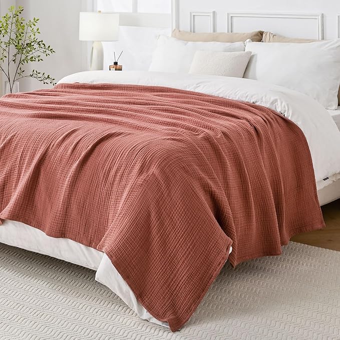 Muslin Blanket 100% Cotton Blanket Throw 66”x90”, Lightweight Breathable Summer Blanket Throw. Supersoft 4-Layer Gauze Throw Blanket for Sofa, Couch, Bed, All-Season Use, Copper Brown