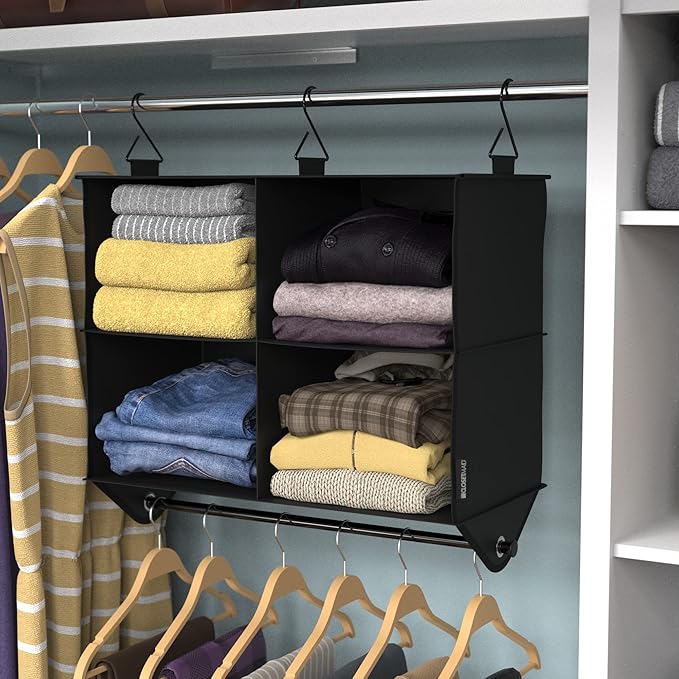 ClosetMaid 4-Shelf Fabric Hanging Closet Organizer with Garment Rod for Shirts, Sweaters, Pants, Hats, Shoes, Purses with Charcoal Black Finish