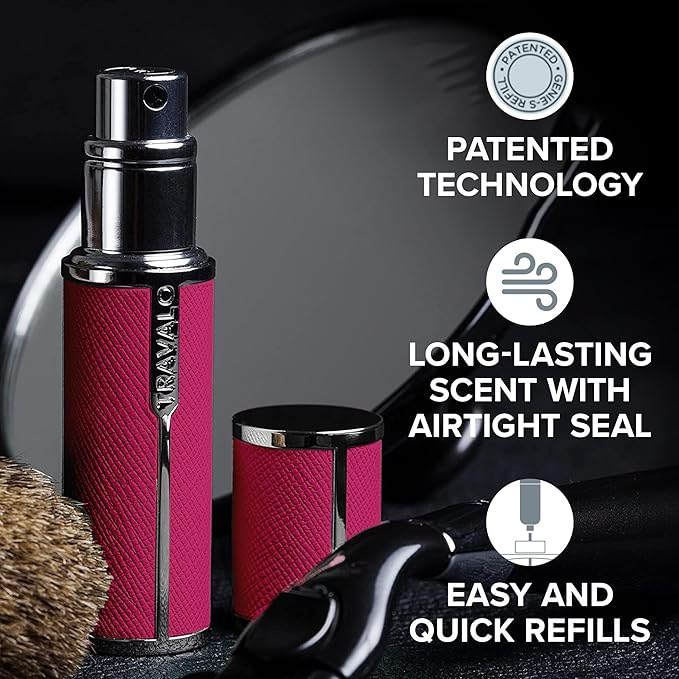 Milano Perfume Atomizer - Leak-Proof and TSA Approved for Air Travel - Reusable, Airtight, Easy Fill Mini Pump Sprayer - Lightweight Vegan Leather with Polished Metal Outer Shell - Hot Pink