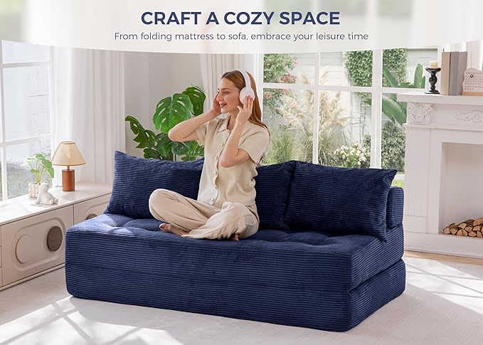 MAXYOYO Folding Sofa Couch, Convertible Floor Sleeper Couch with 3 Pillows, Tufted Floor Oversized Loveseat Couch Tufted Fold Out Chair Bed Comfy Sofa Lounge for Living Room Bedroom, Navy