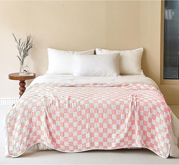 Muslin Blankets for Adults King Size 100% Cotton 6-Layer Gauze Pink Checkered Bed Blanket Lightweight Soft Breathable Christmas Blanket Gift for Women (Pink Checkerboard, King 90" X 104")