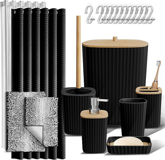 Clara Clark Bathroom Accessories Set - Bathroom Set, Bathroom Sets with Shower Curtain and Rugs, Shower Curtain Set with Bathroom Trash Can - Ombre Black - 22PC