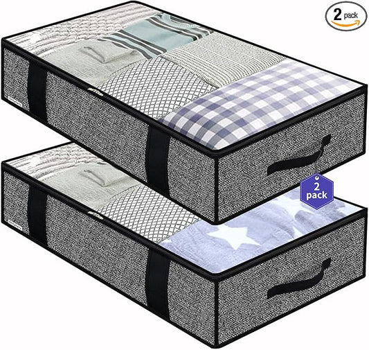 Onlyeasy Foldable Underbed Bags - 2 Pack Blankets Clothes Comforters Storage Bag Breathable Zippered Organizer for Bedroom with Clear Window and 4 Handles, 100 x50 x15cm, Linen-Like Black, MXAUBBP2