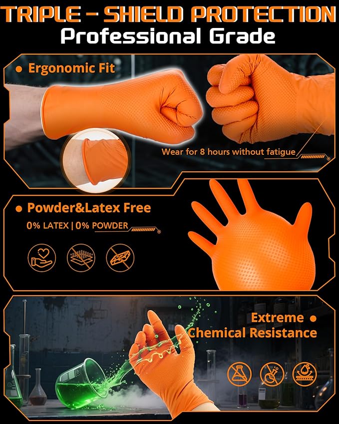 nitroshield 9mil Heavy Duty Disposable Nitrile Gloves,Orange Medium 800Pcs -Chemical Resistant, Latex & Powder Free Rubber Gloves Diamond Texture for Automotive, Mechanics, Cooking,BBQ, Industrial Use