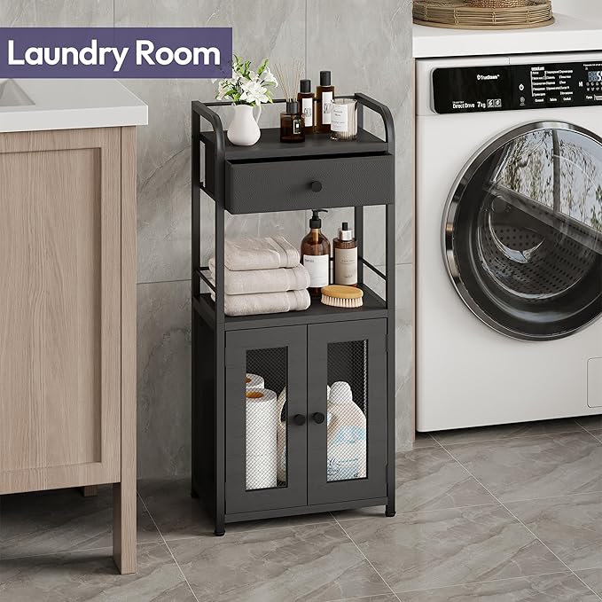 SWTYMIKI 14.57"x32.28" Bathroom Storage Cabinet – Freestanding Toilet Paper Storage with Doors & Drawer, Bathroom Organizers and Storage for Small Spaces, Laundry Room, Ideal for Towels, Black