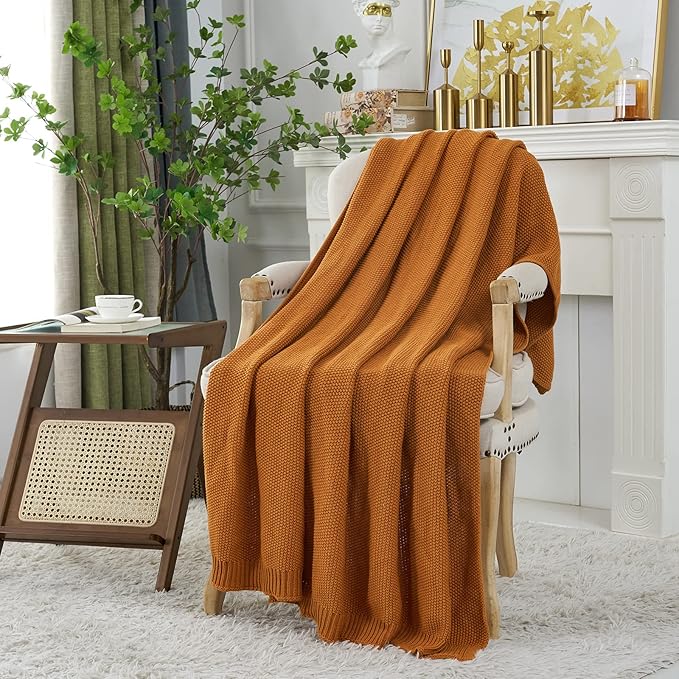 Longhui bedding Burnt Orange Cotton Cable Knit Throw Blanket for Couch Sofa Chair Bed Home Decorative, 2.5 Pounds 50 x 60 Inch Woven Throw Blankets with Bonus Laundering Bag