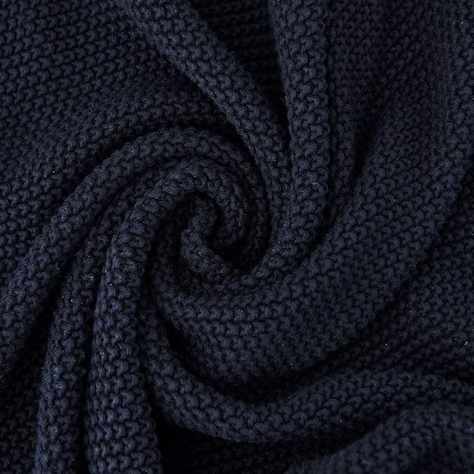 Longhui bedding Dark Navy Blue Cotton Cable Knit Throw Blanket for Couch Sofa Bed, Lightweight Home Decorative Throws, Bonus Laundering Bag, 60 x 80 Machine Washable