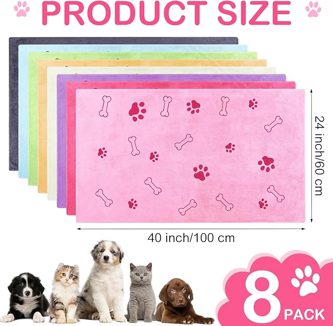 8 Pcs Dog Towels for Drying Dogs Cats Pet Towels Bulk Puppy Microfiber Quick Drying Paw Bath Bathing Supplies Absorbent for Medium Pets(Sweet Color,40 x 24 Inch)