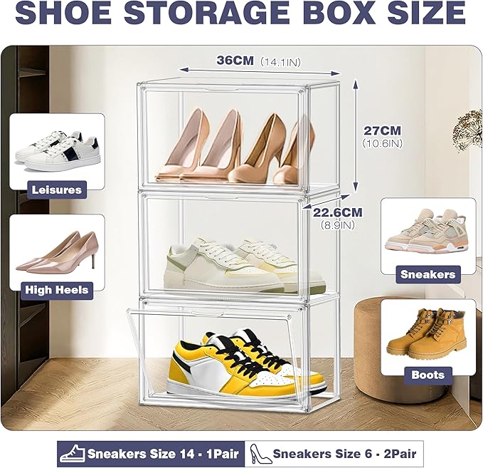 12 Pack Clear Shoes Box Shoe Storage Organizer for Closet Stackable Acrylic Handbag Display Case Shoe Organizer for Entryway