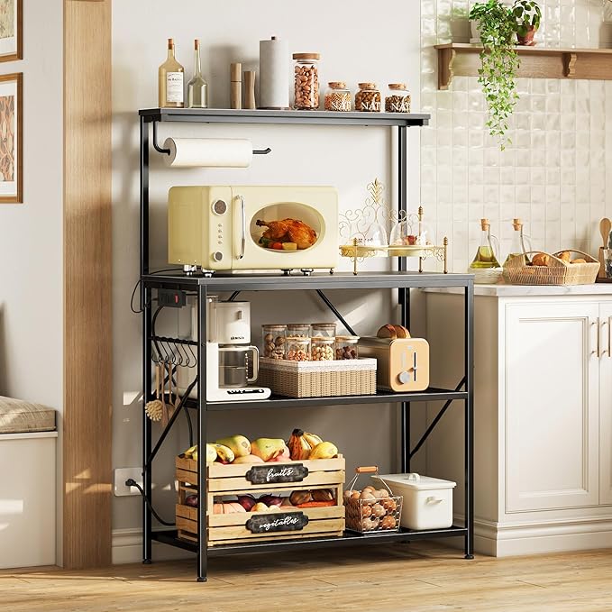 Huuger 4-Tier Bakers Rack with Reversible Power Outlet, 31.5 Inch Microwave Stand with Paper Towel Holder, Kitchen Bar, Larger Storage with Top Shelf, 6 S Hooks, Black