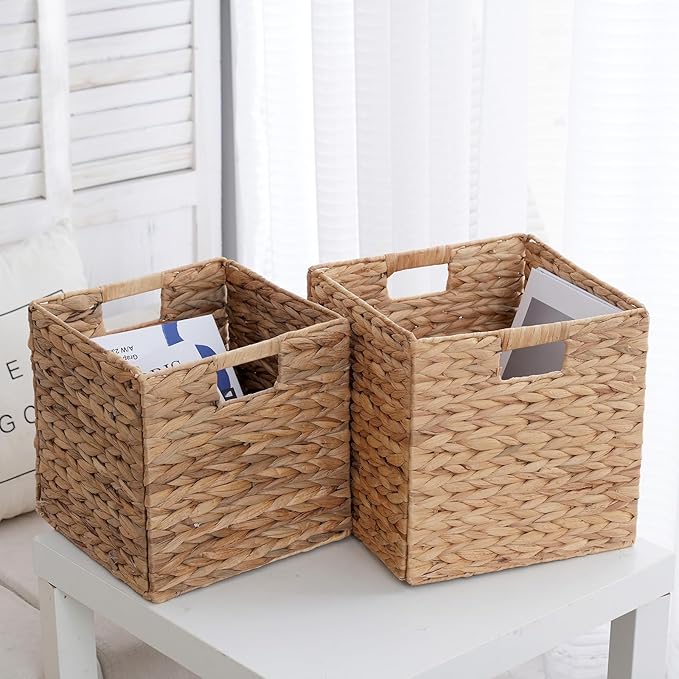 2-Pack Foldable Wicker Cubes 12x12x12 Inch, Cube Storage Bin Woven Storage Basket, Square Wicker Basket for Home & Kitchen Shelf Organizers, Decorative Storage Basket for Bedroom/Bathroom/Office
