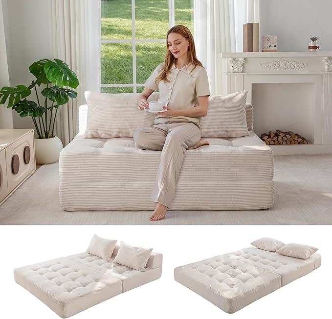 MAXYOYO Folding Sofa Couch, Convertible Floor Sleeper Couch with 2 Pillows, Tufted Floor Loveseat Couch Tufted Fold Out Chair Bed Comfy Sofa Lounge for Living Room Bedroom, Beige
