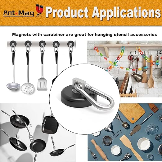 Ant Mag - Carabiner Magnetic Hooks 80LBS MAX Heavy Duty Neodymium Magnet Swivel Snap Hook for Hanging Indoor/Outdoor Grill Kitchen Cabinet Office Black 4 Pack